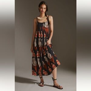 NWT Anthropologie Nikki Black Print Pleated Maxi  Dress Size Medium